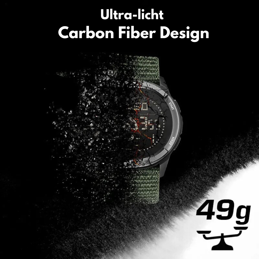 Ultra-leichte Carbonfaser-Uhr, 49g, modernes Design, grün-schwarzes Armband, robust.