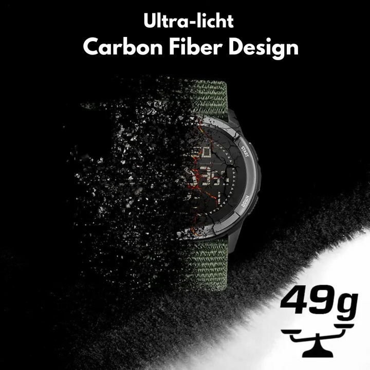 Ultra-leichte Carbonfaser-Uhr, 49g, modernes Design, grün-schwarzes Armband, robust.