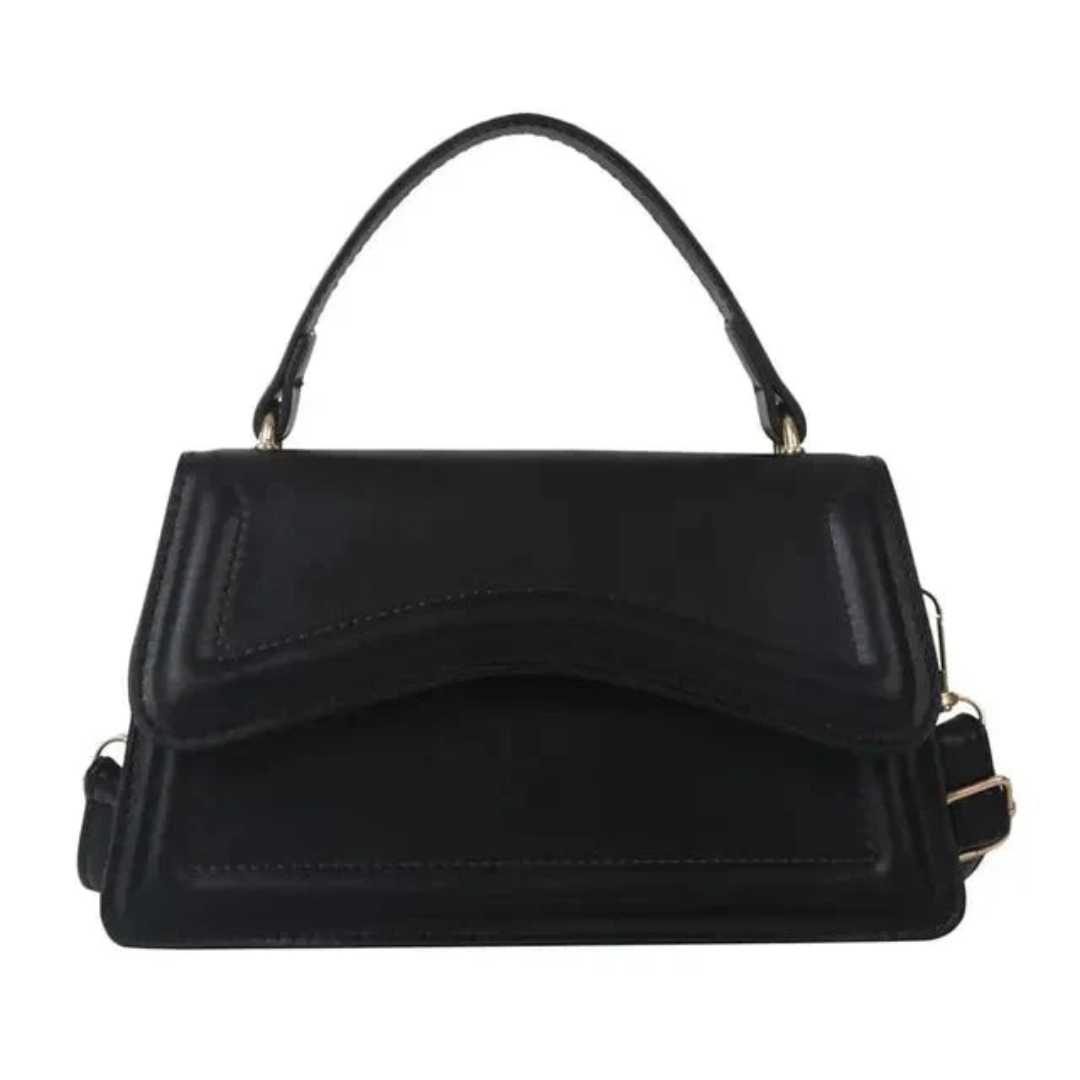 Schwarze Lederhandtasche mit Tragegriff, elegantes Design, Damenmode-Accessoire.