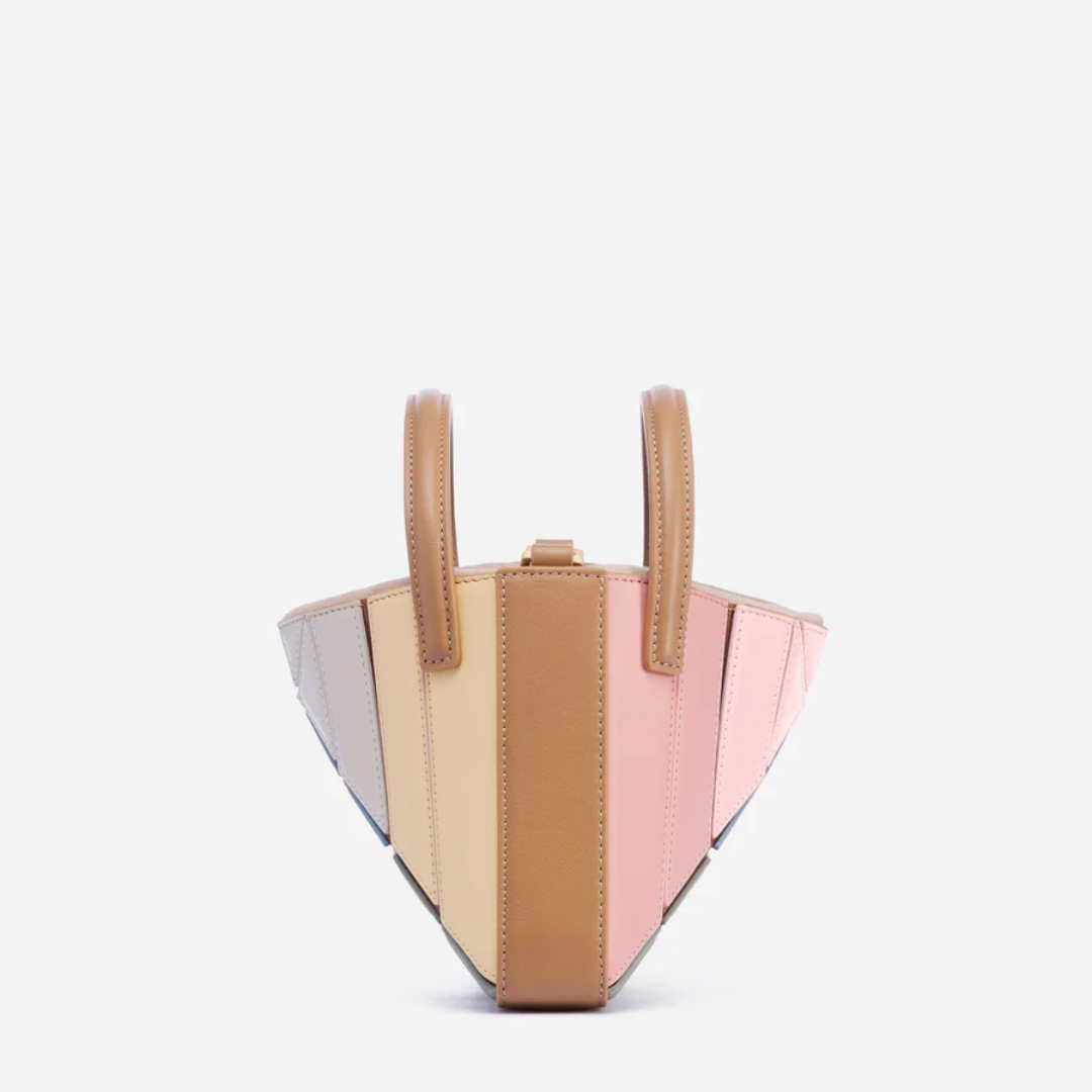 Bunte Damenhandtasche aus Leder, geometrisches Design, Pastellfarben, modisch, elegant.