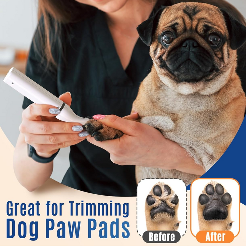 Frau trimmt Hundepfoten mit elektrischem Trimmer, Mops, Pfotenpflege, Vorher-Nachher-Vergleich.