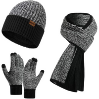 Schwarzes Strickmütze, Schal und Handschuhe Set, warm, winterfest, Unisex, modisch.