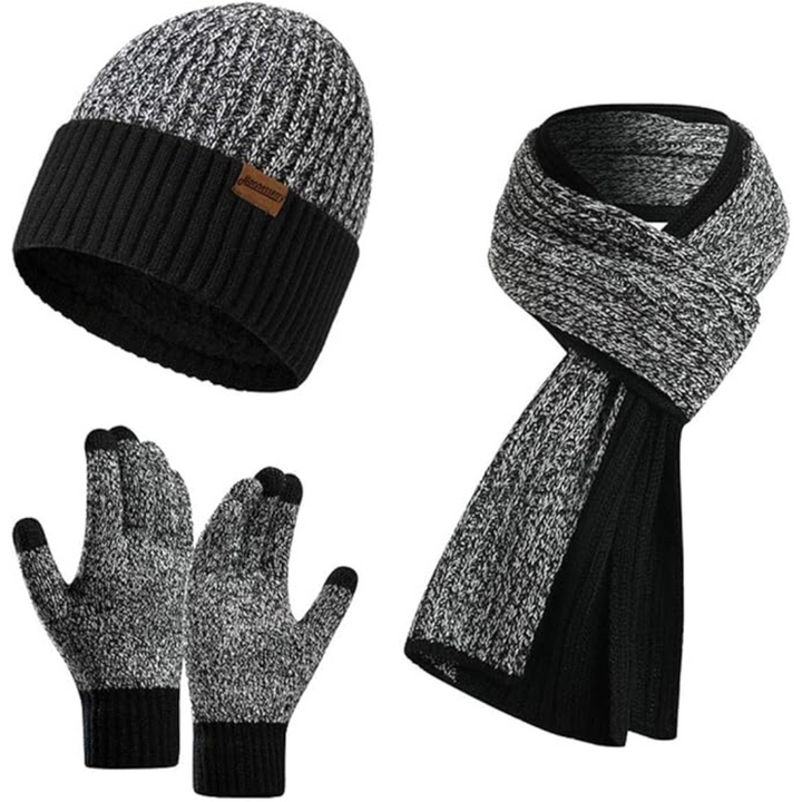 Schwarzes Strickmütze, Schal und Handschuhe Set, warm, winterfest, Unisex, modisch.