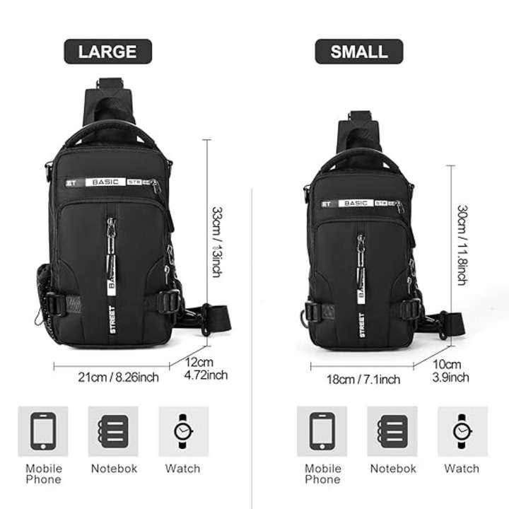 Schwarze Umhängetasche, zwei Größen, wasserdicht, für Handy, Notebook, Uhr, Herrenmode.