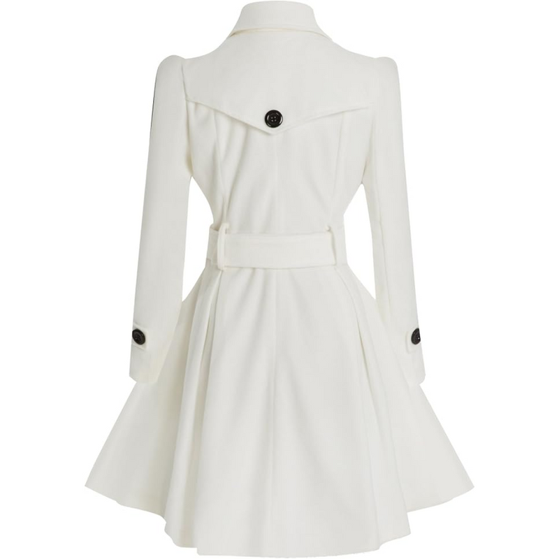 Weißer Damenmantel, tailliert, mit Gürtel und Knöpfen, elegantes Design, Herbstmode.