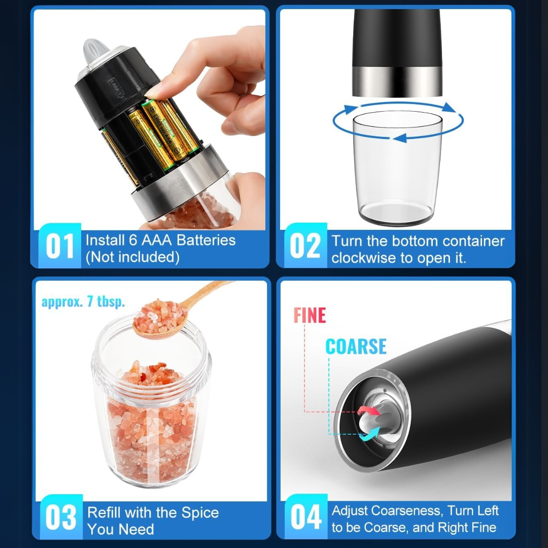 Elektrische Gewürzmühle, schwarz, batteriebetrieben, einstellbare Körnung, einfach nachfüllbar.