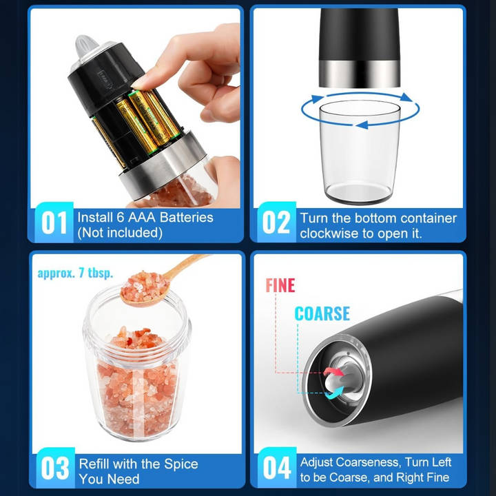 Elektrische Gewürzmühle, schwarz, batteriebetrieben, einstellbare Körnung, einfach nachfüllbar.