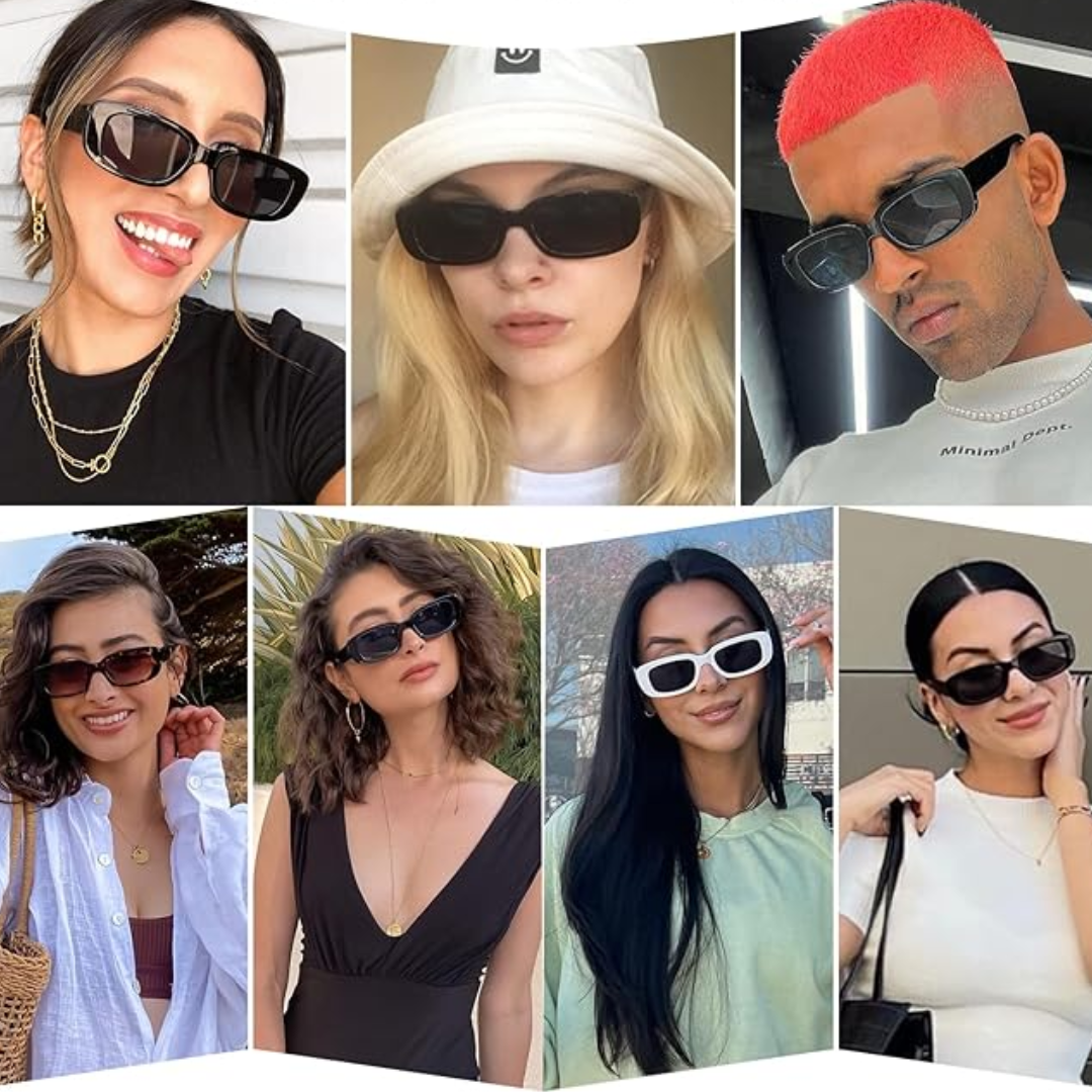 Verschiedene Personen mit stilvollen Sonnenbrillen in Schwarz und Weiß, modische Accessoires.