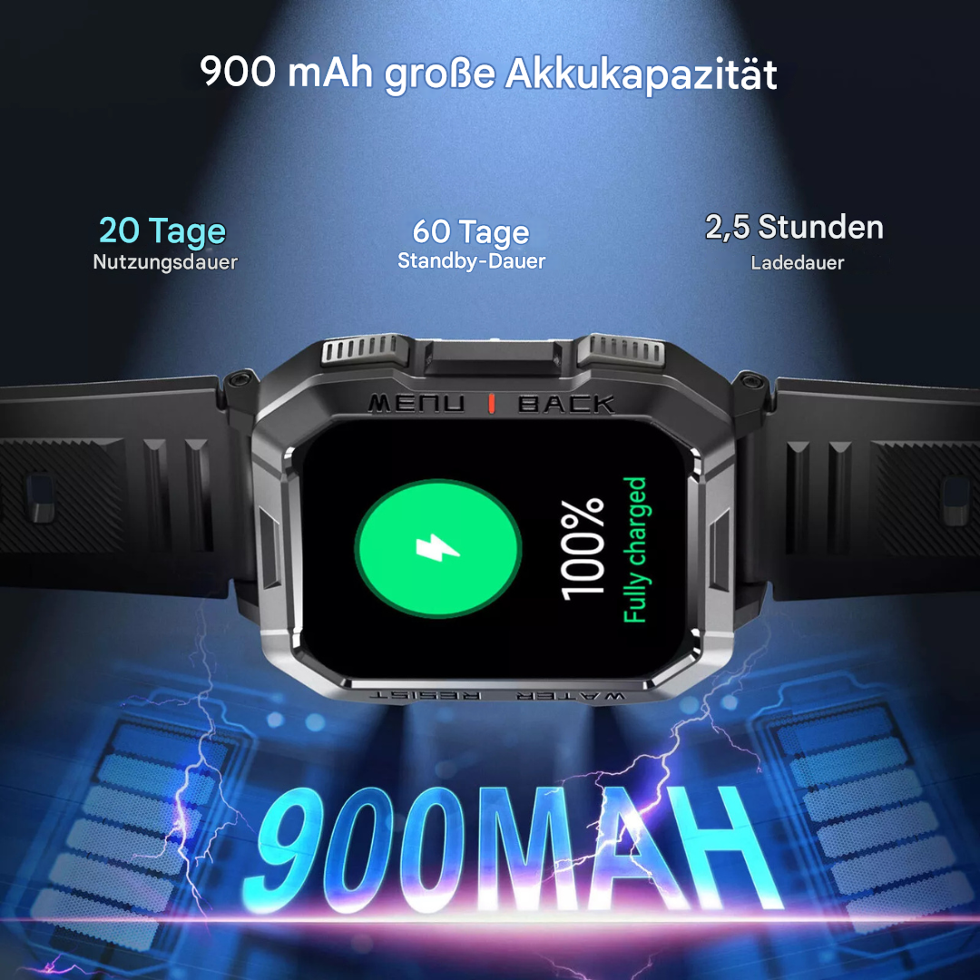 Schwarze Smartwatch mit 900 mAh Akku, 20 Tage Nutzung, 60 Tage Standby, 2,5 Std. Ladezeit.