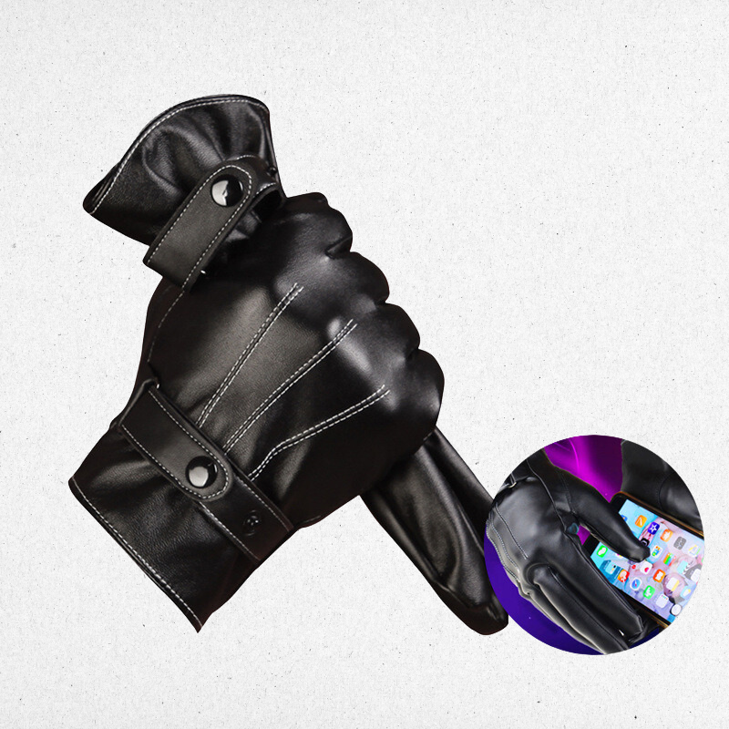 Schwarze Lederhandschuhe mit Touchscreen-Funktion, stilvoll, warm, für Herren.