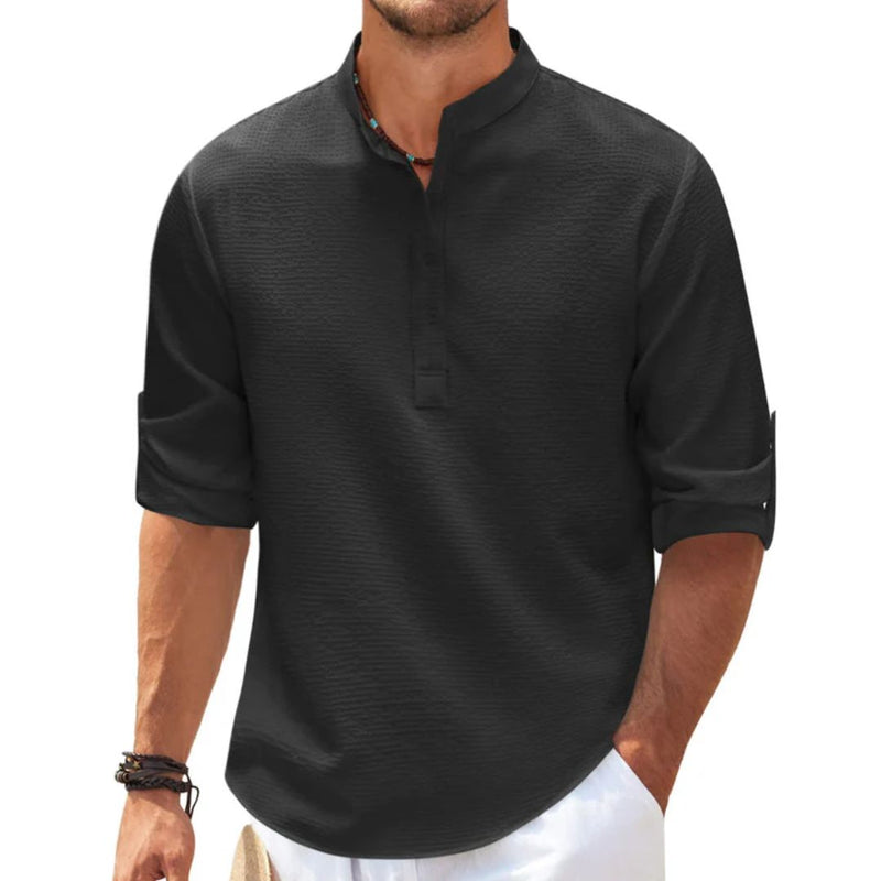 Männerhemd schwarz, Leinen, Stehkragen, 3/4-Ärmel, lässig, Sommermode, Herrenbekleidung.