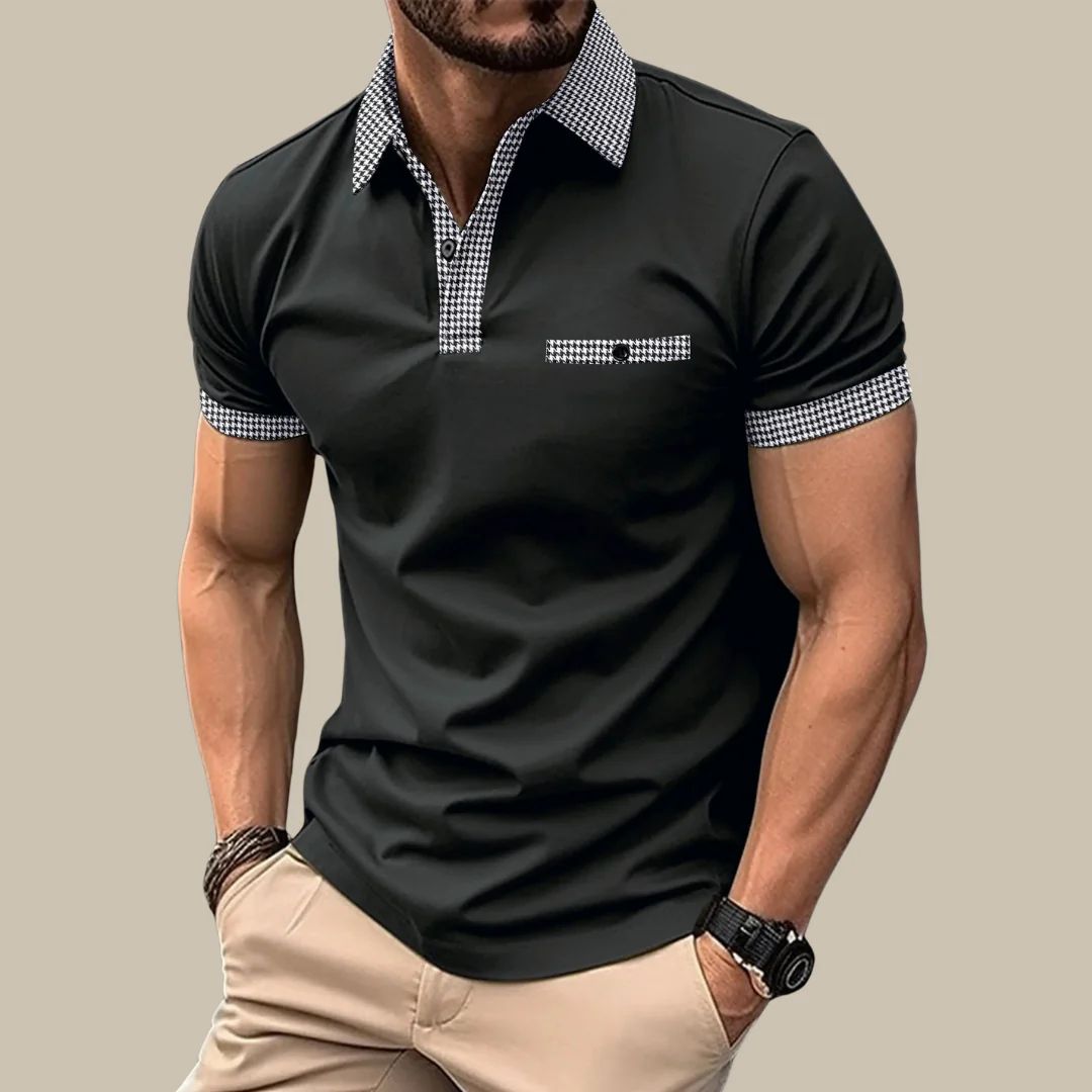 Männer Poloshirt schwarz, kariertes Muster, Kurzarm, Freizeitmode, Baumwolle, elegant.