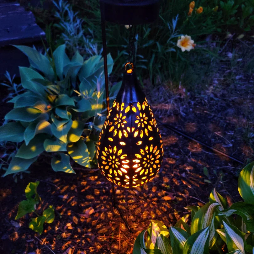 Schwarze Solar-Gartenlaterne mit Blumenmuster, beleuchtet, umgeben von Pflanzen im Dunkeln.