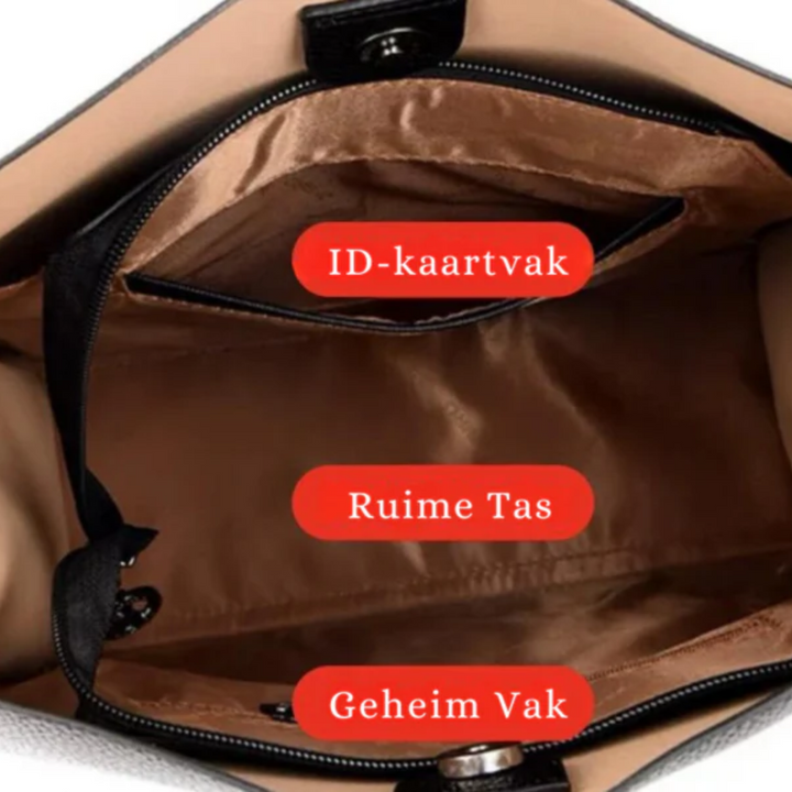 Innenansicht einer Handtasche mit ID-Kartenfach, geräumigem Hauptfach, Geheimfach.