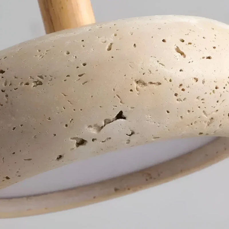 Betonlampe beige, moderne Hängelampe, minimalistisches Design, Holzdetail, Inneneinrichtung.