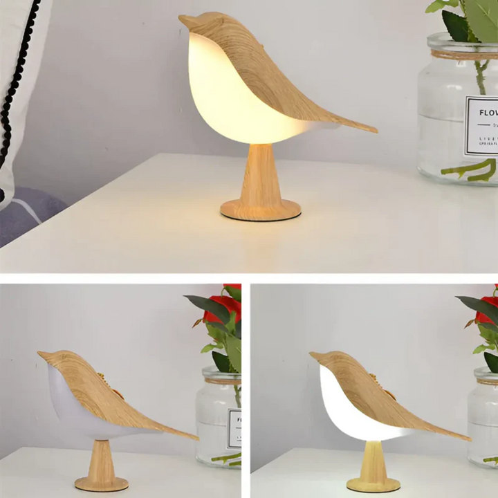 Holz-Vogel-Tischlampe, LED, warmweißes Licht, dekorativ, modernes Design, Schlafzimmerbeleuchtung.