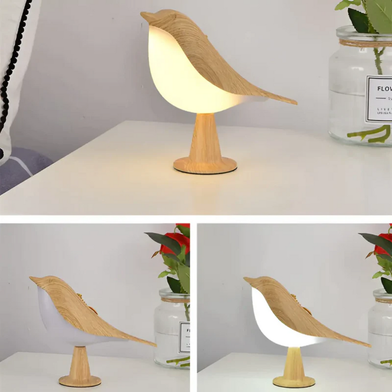 Holz-Vogel-Tischlampe, LED, warmweißes Licht, dekorativ, modernes Design, Schlafzimmerbeleuchtung.