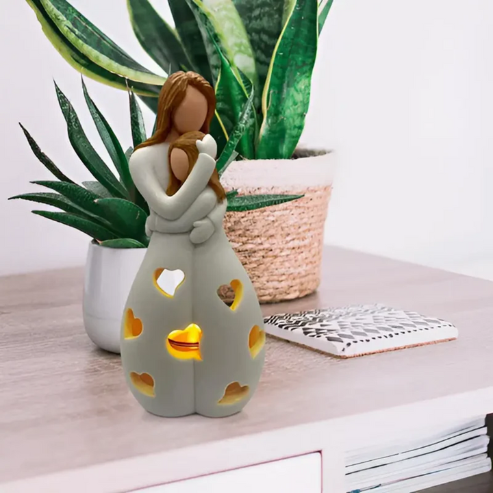 Keramik-Teelichthalter Mutter-Kind-Design, Herzmuster, beige, dekorativ, Tischdekoration