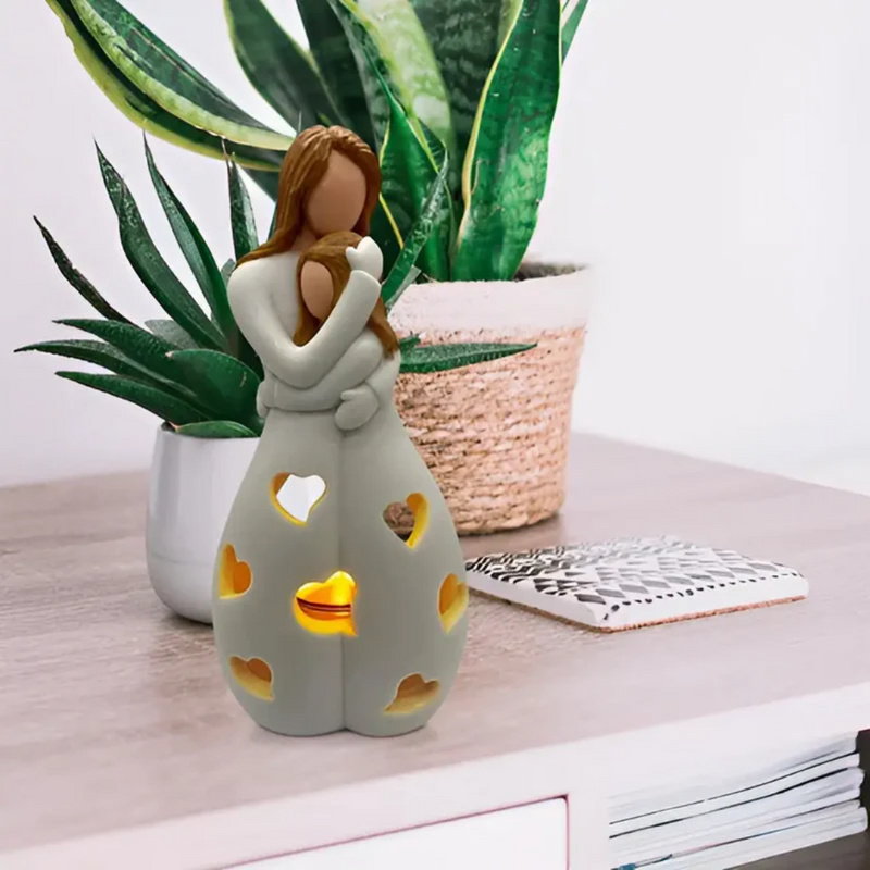 Keramik-Teelichthalter Mutter-Kind-Design, Herzmuster, beige, dekorativ, Tischdekoration