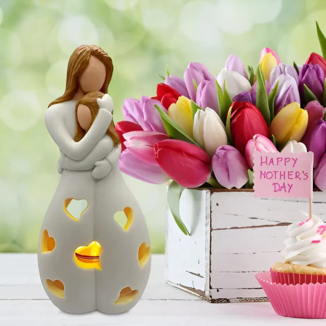 Keramik-Teelichthalter Mutterfigur mit Tulpenstrauß, Geschenk zum Muttertag, dekorativ.