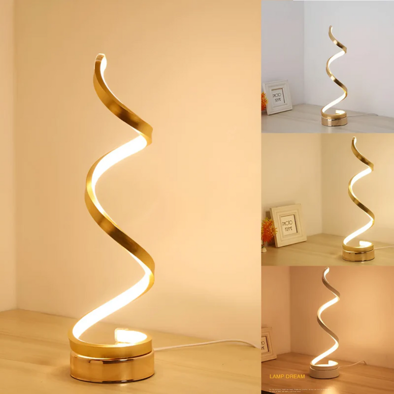 Goldene LED-Tischlampe, spiralförmig, modernes Design, energiesparend, warmweißes Licht.