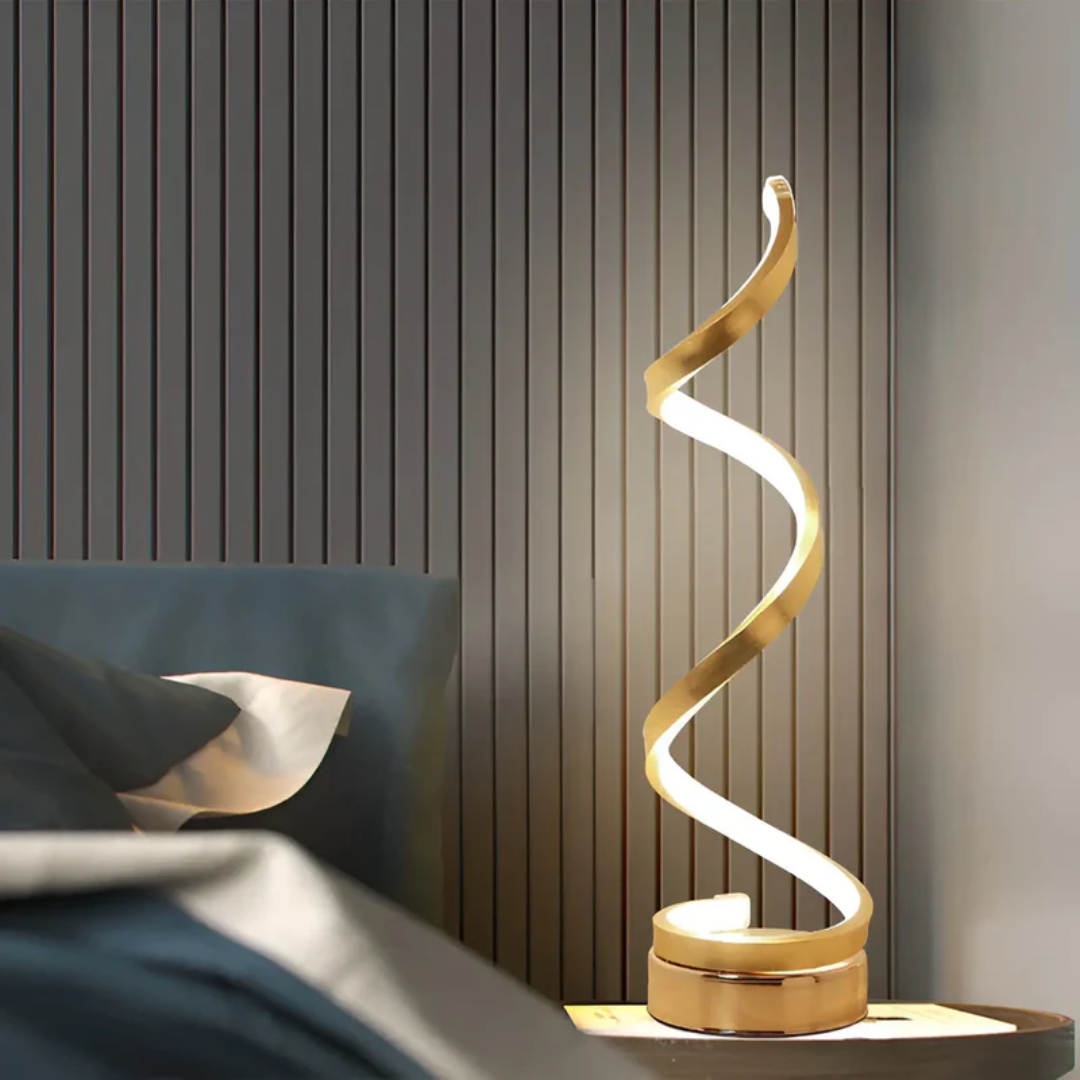 Goldene LED-Tischlampe, spiralförmig, modernes Design, energiesparend, Schlafzimmer-Dekor.