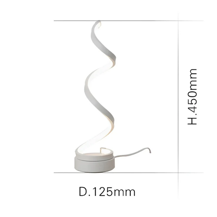 Moderne weiße LED-Tischlampe, spiralförmig, Höhe 450mm, Durchmesser 125mm.