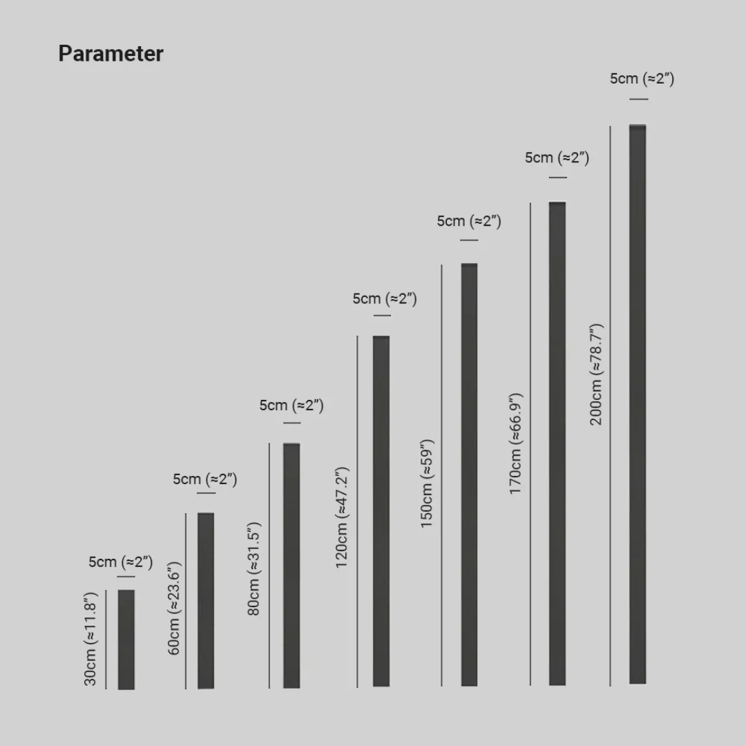 Größendiagramm für schwarze Metallstangen, Längen von 60cm bis 300cm, Durchmesser 5cm.
