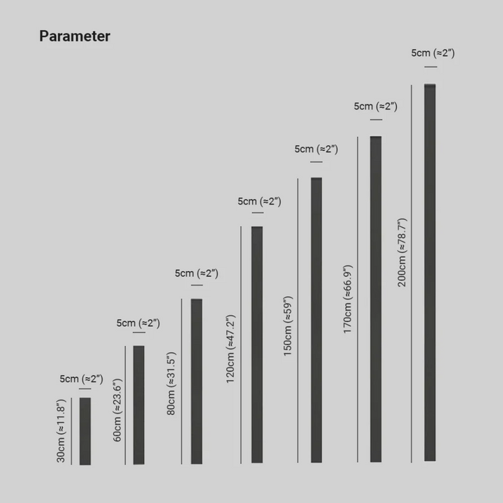 Größendiagramm für schwarze Metallstangen, Längen von 60cm bis 300cm, Durchmesser 5cm.