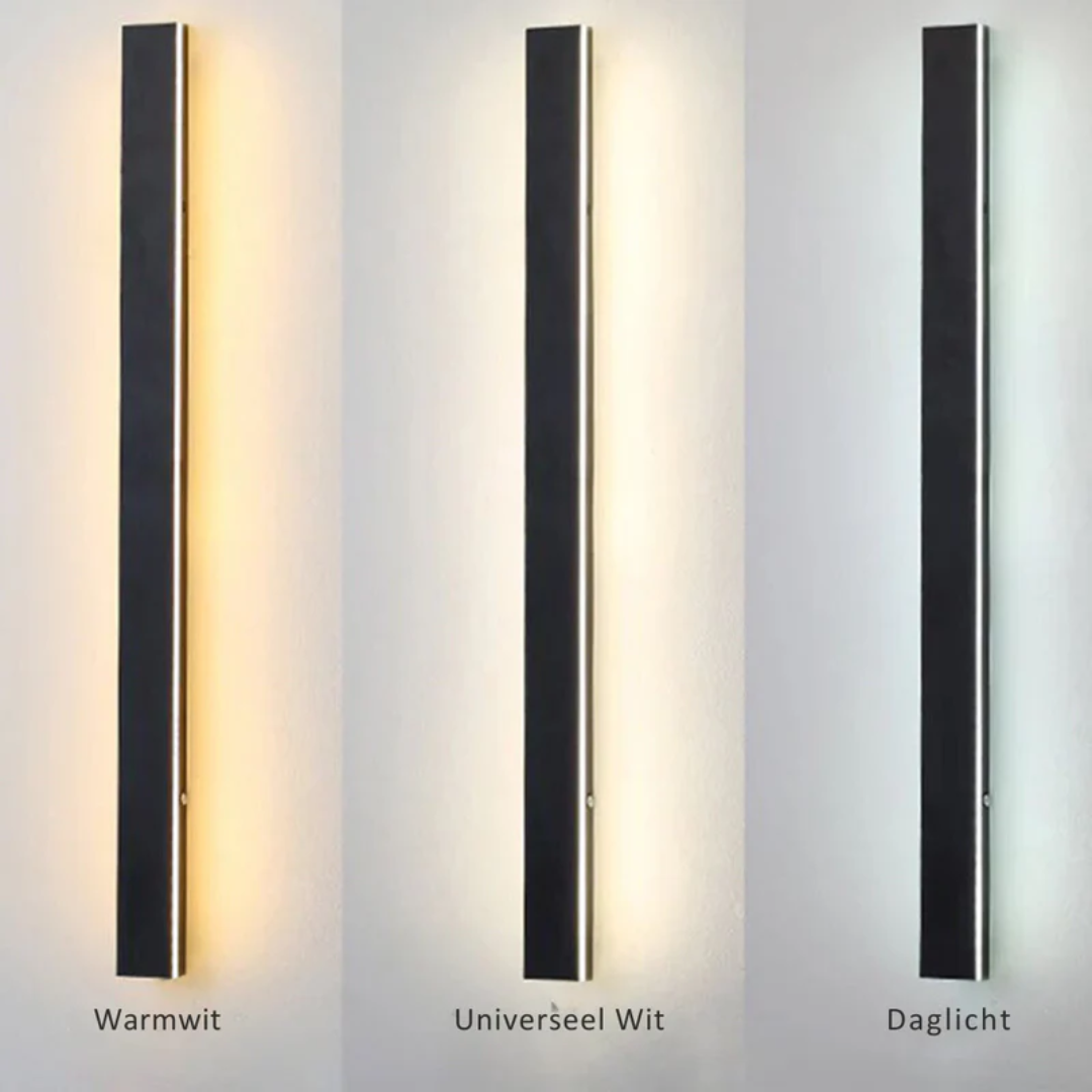 Schwarze LED-Wandleuchte, vertikal, drei Lichtfarben: Warmweiß, Universell Weiß, Tageslicht.