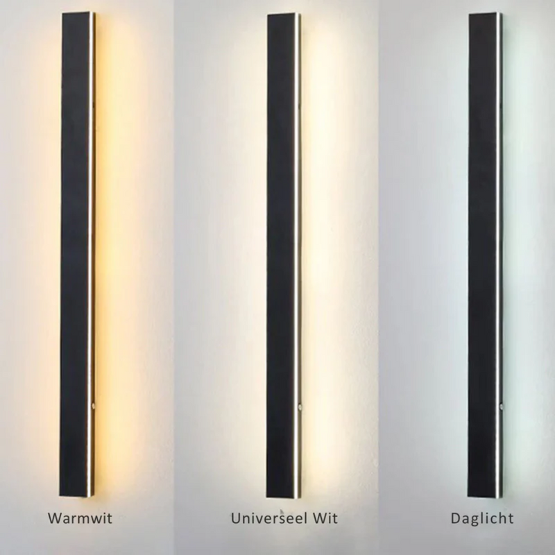 Schwarze LED-Wandleuchte, vertikal, drei Lichtfarben: Warmweiß, Universell Weiß, Tageslicht.