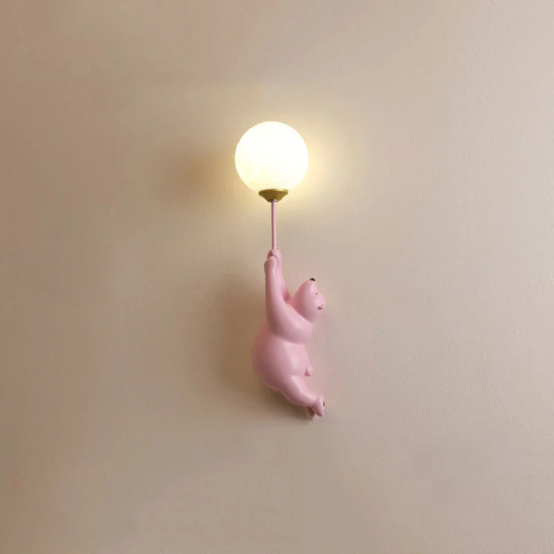 Rosa Bären-Wandleuchte mit Kugel-Lampe, Kinderzimmer-Dekoration, modernes Design.
