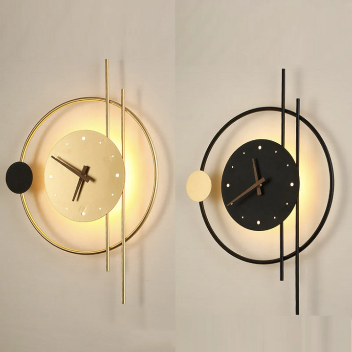 Moderne Wanduhr, geometrisches Design, gold und schwarz, LED-Beleuchtung, Wohnzimmer-Dekor.