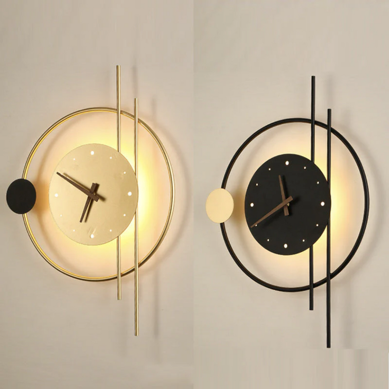 Moderne Wanduhr, geometrisches Design, gold und schwarz, LED-Beleuchtung, Wohnzimmer-Dekor.