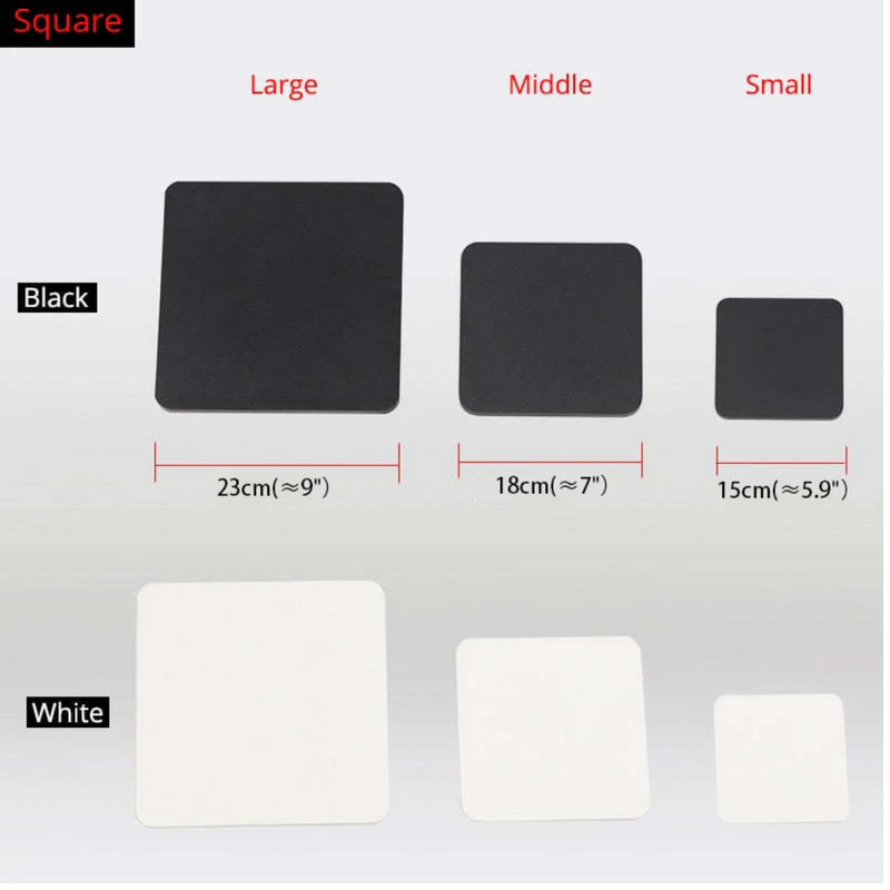 Schwarze und weiße quadratische Untersetzer, drei Größen, rutschfest, hitzebeständig.