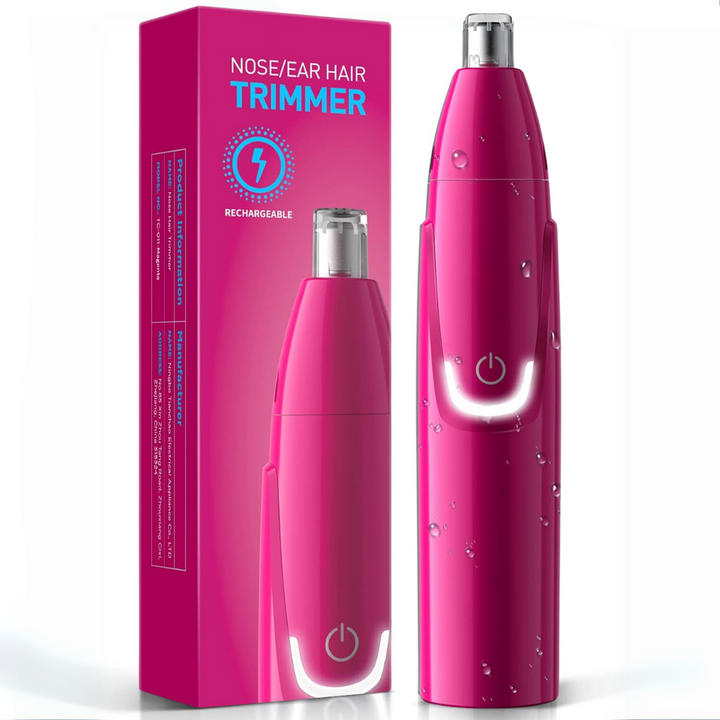 Wiederaufladbarer Nasen- und Ohrenhaarschneider, pink, wasserdicht, mit Verpackung.