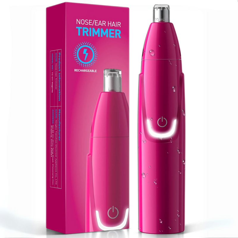 Wiederaufladbarer Nasen- und Ohrenhaarschneider, pink, wasserdicht, mit Verpackung.