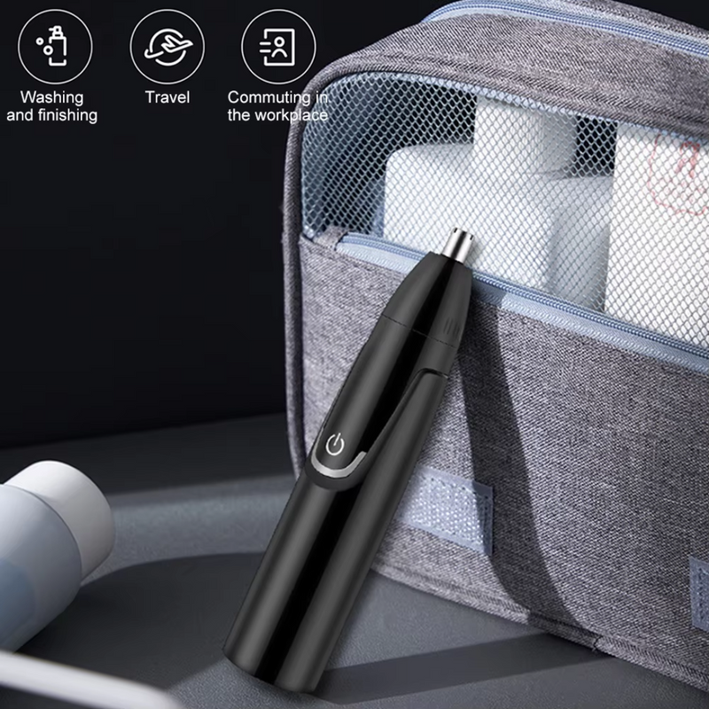 Schwarzer Nasenhaartrimmer, kabellos, tragbar, ideal für Reisen, mit grauer Aufbewahrungstasche.