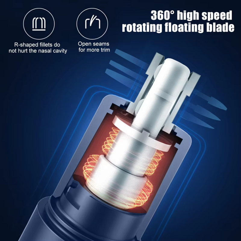 Elektrischer Nasenhaarschneider, 360° drehbare Klinge, hautschonend, präzise Pflege.