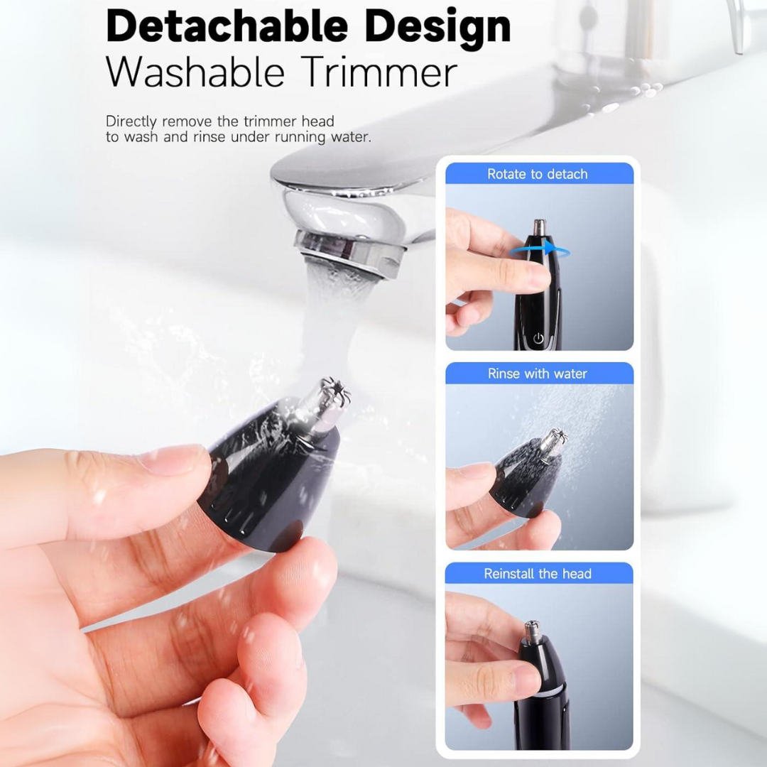 Abnehmbarer, waschbarer Nasenhaarschneider, schwarz, unter fließendem Wasser reinigen.