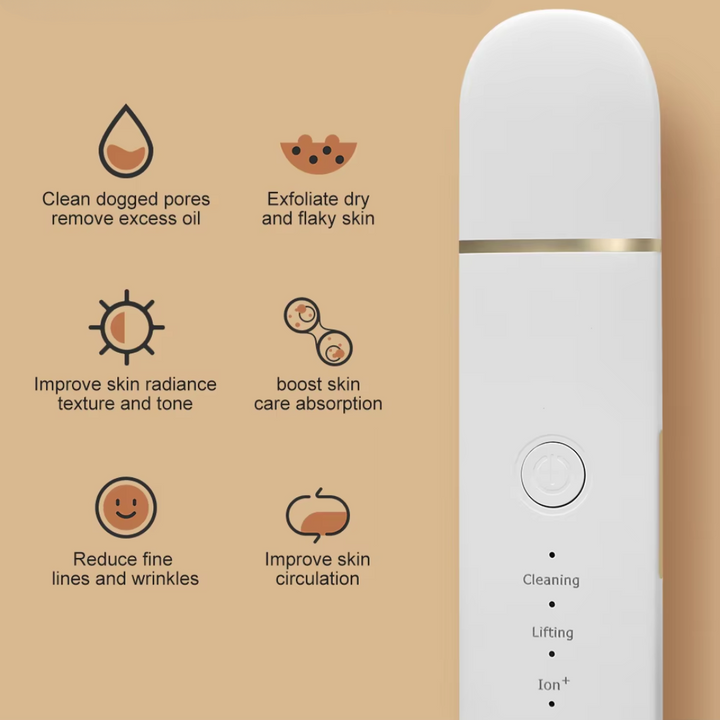 Elektrisches Gesichtsreinigungsgerät, weiß, mit Funktionen zur Hautpflege und Porenreinigung.