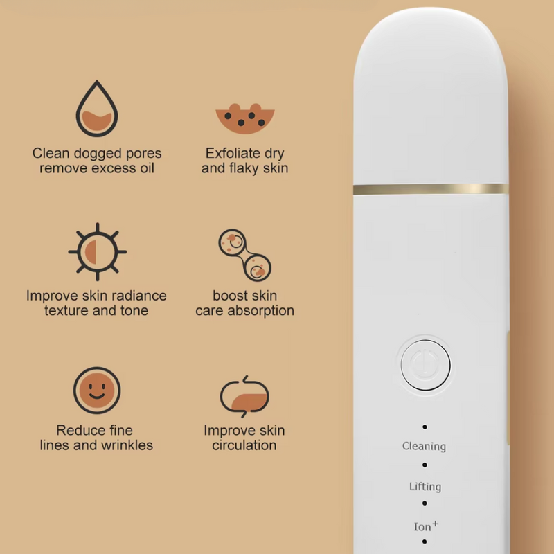 Elektrisches Gesichtsreinigungsgerät, weiß, mit Funktionen zur Hautpflege und Porenreinigung.