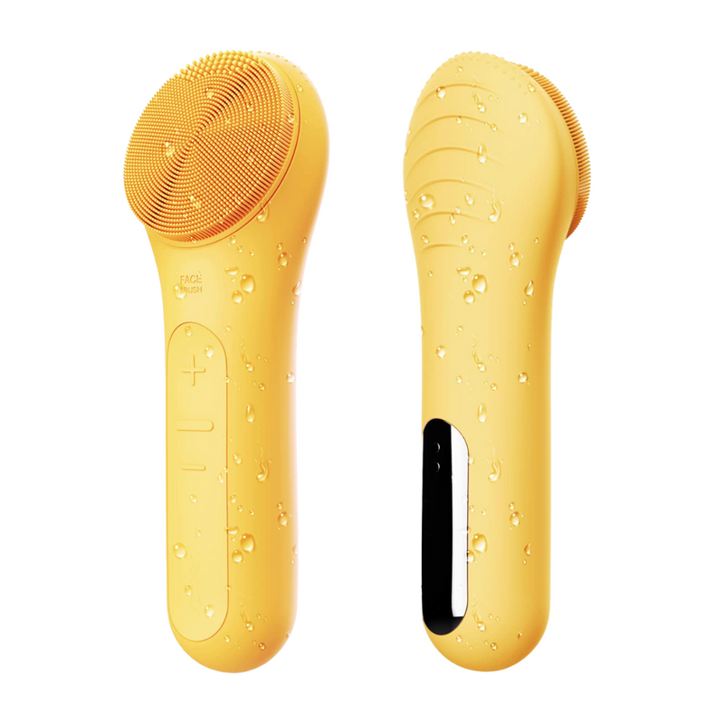 Gelbes elektrisches Gesichtsreinigungsgerät, wasserdicht, Silikon, Massagefunktion.