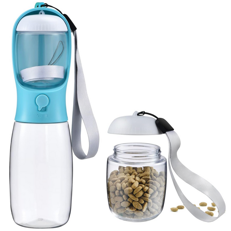 Tragbare Hundewasserflasche mit Futterbehälter, blau, ideal für unterwegs.