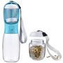 Tragbare Hundewasserflasche mit Futterbehälter, blau, ideal für unterwegs.