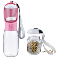 Rosa tragbare Hundewasserflasche mit Futterbehälter, ideal für Reisen und Spaziergänge.