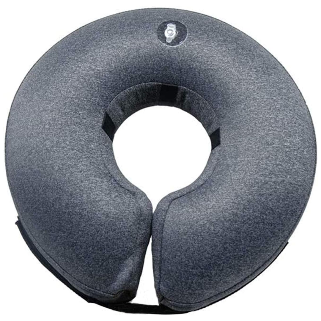 Graues aufblasbares Nackenkissen, ergonomisch, ideal für Reisen, Komfort, Unterstützung.