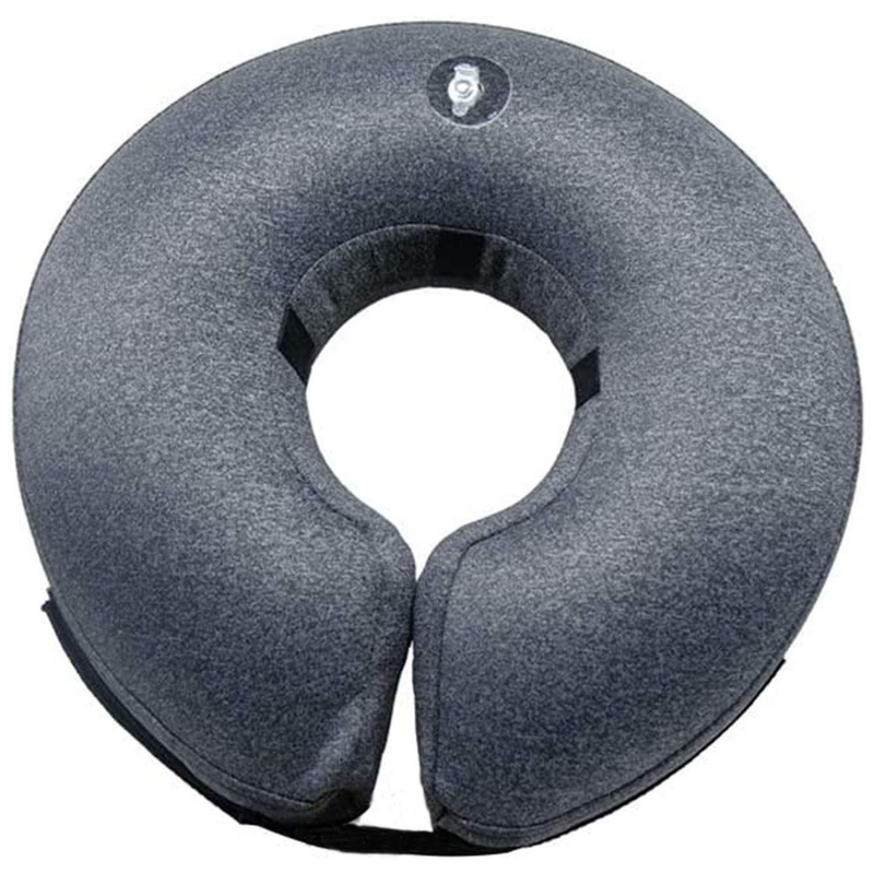 Graues aufblasbares Nackenkissen, ergonomisch, ideal für Reisen, Komfort, Unterstützung.