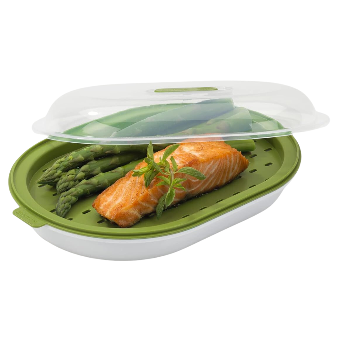 Grüner Mikrowellen-Dampfgarer mit Lachs und Spargel, BPA-frei, transparentem Deckel.