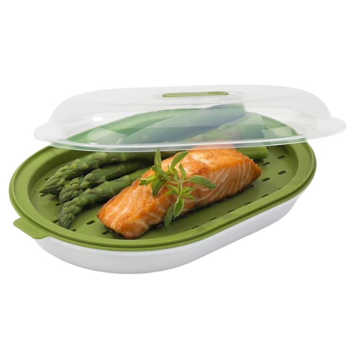 Grüner Mikrowellen-Dampfgarer mit Lachs und Spargel, BPA-frei, transparentem Deckel.